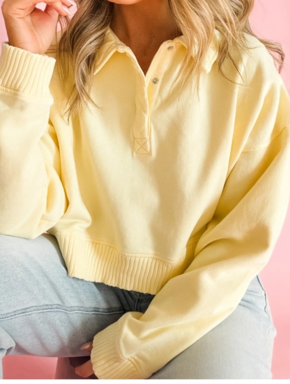 PEACH LOVE Polo Snap Collar Pullover - Pale Yellow
